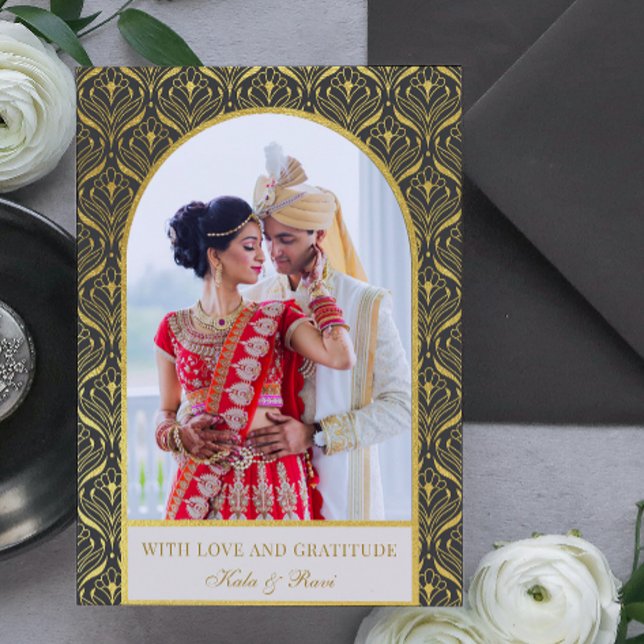 Carte Gold Art déco Mariage Merci photo (indian wedding thank you card, hindu wedding thank you card, art deco gold mundap arch photo card)