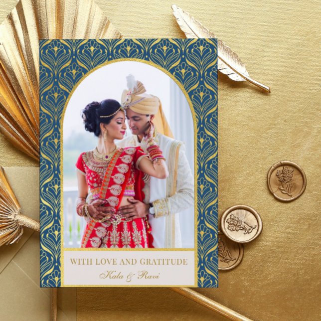 Carte Gold Art déco Mariage Merci photo (indian wedding thank you card, hindu wedding thank you card, art deco gold mundap arch photo card)