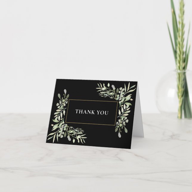 Carte Gold Black Greenery Feuille Mariage Merci (Devant)