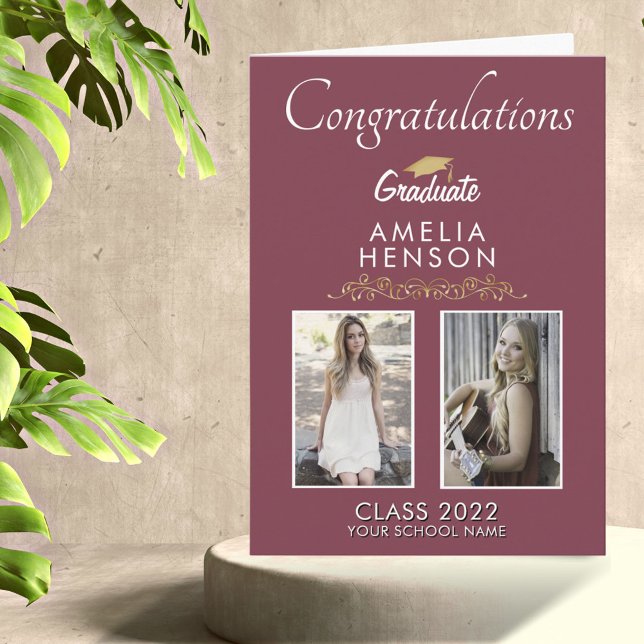 Carte Gold Burgundy Diplômé 2 Photo Graduate (Créateur téléchargé)