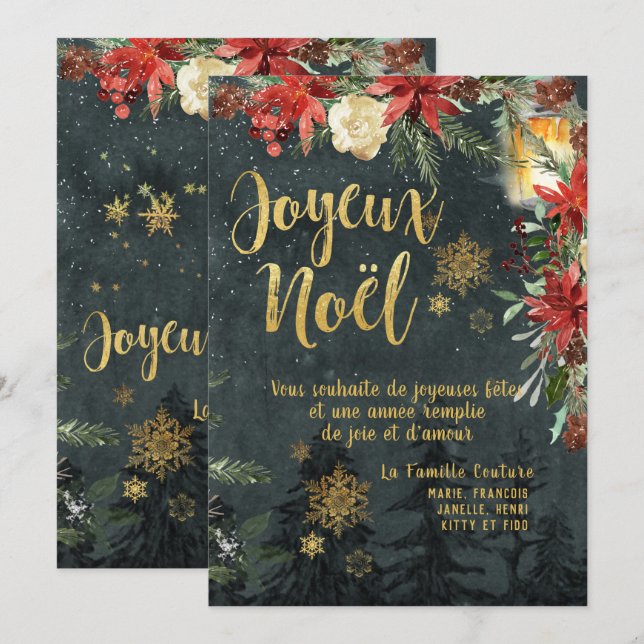Carte Gold Calligraphy Woodland French Joyeux Noel (Devant / Derrière)