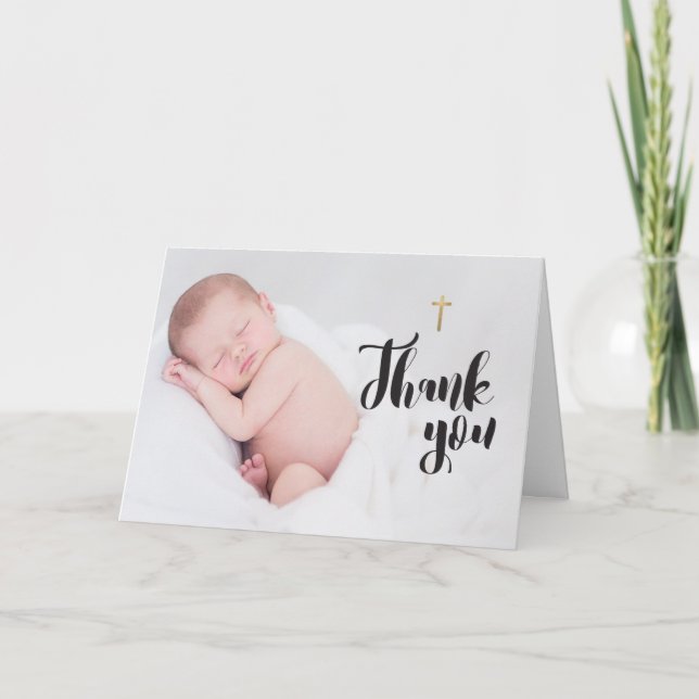 Carte Gold Cross Baby Christening Merci Photo (Devant)