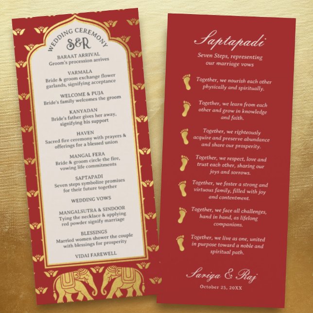 Carte Gold Elephant Indian & Hindu Wedding Program (Hindu wedding program, Indian wedding program, Saptapadi seven steps, elephant lotus flower mundap)
