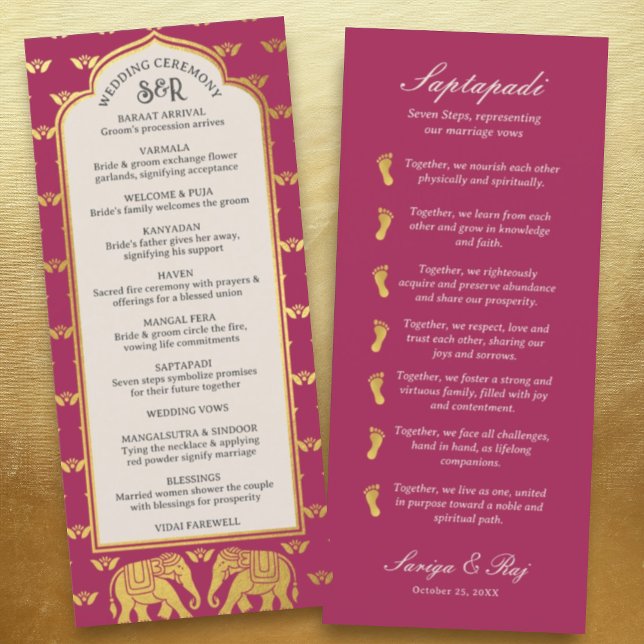 Carte Gold Elephant Indian & Hindu Wedding Program (Hindu wedding program, Indian wedding program, Saptapadi seven steps, elephant lotus flower mundap)