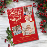Carte Gold Faire-part de naissance de Noël<br><div class="desc">Une élégante feuille d'or véritable 4 photo collage carte de faire-part de naissance de vacances à personnaliser avec vos photos spéciales encadrées en or, message de vacances, noms et statistiques de naissance. L'envers est en train de tomber des flocons de neige. Vous pouvez customiser la couleur arrière - plan pour...</div>