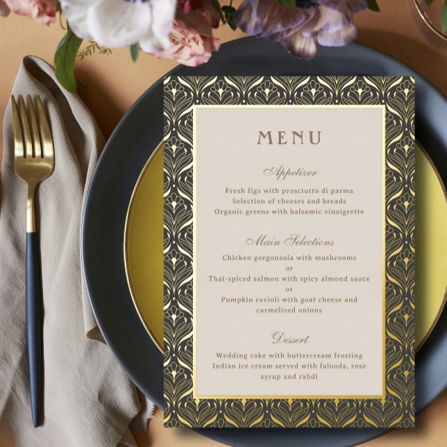 Carte Gold Foil Art Déco Mariage Réception Menu (art deco gold foil wedding reception dinner menu cards, indian hindu wedding, sangeet mehndi menu)