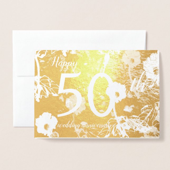 Carte Gold Foil Floral 50e anniversaire Mariage (Devant avec enveloppe)