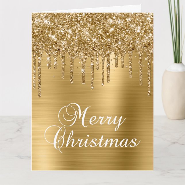 Carte Gold Glitter Drips Metallic Merry Christmas (Devant)