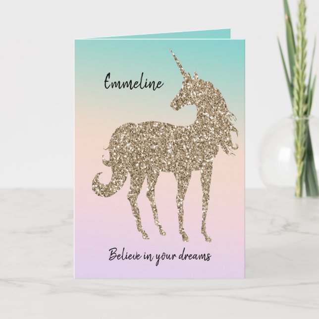 Carte Gold Glitter Unicorn Aqua Peach Pink Ombre Tie Dye (Devant)