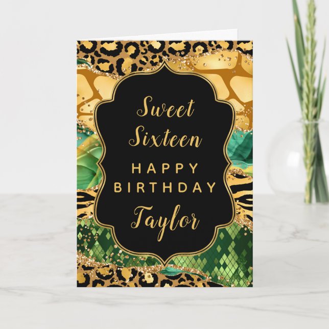 Carte Gold Green Safari Agate Sweet 16 Joyeux anniversai (Devant)