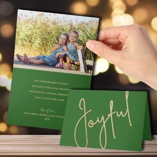Carte Gold Joyful on Green Fold Photo Noël
