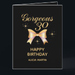 Carte Gold Ribbon Girl Gorgeous 30 Black Joyeux Annivers<br><div class="desc">Une élégante carte de voeux d'anniversaire joyeux avec un joli ruban d'or et la typographie moderne "Gorgeous 30",  sur un arrière - plan noir. Customisez avec votre nom et mettez votre message d'anniversaire à votre être cher,  faites-leur sentir spécial sur leur anniversaire avec cette carte élégante et unique.</div>