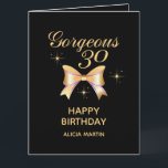 Carte Gold Ribbon Girl Gorgeous 30 Black Joyeux Annivers<br><div class="desc">Une élégante carte de voeux d'anniversaire joyeux avec un joli ruban d'or et la typographie moderne "Gorgeous 30",  sur un arrière - plan noir. Customisez avec votre nom et mettez votre message d'anniversaire à votre être cher,  faites-leur sentir spécial sur leur anniversaire avec cette carte élégante et unique.</div>