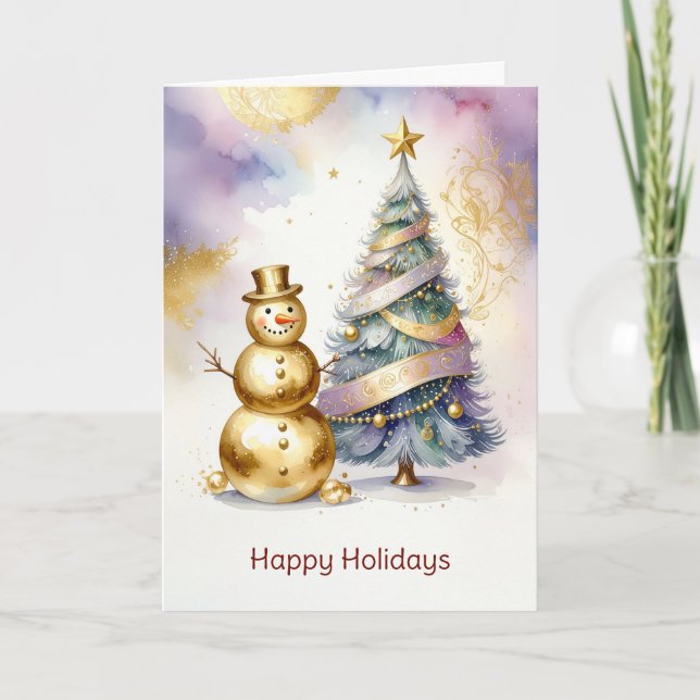 Carte Gold Snowman Christmas Tree Holiday Card (Devant)