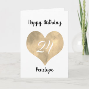 Carte Gold Watercolor Heart 24th Birthday Card