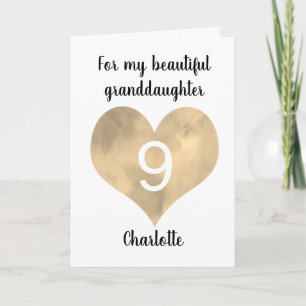 Carte Gold Watercolor Heart 9th Birthday Card