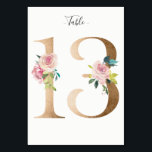 Carte Golden 13 Floral Table Numéro<br><div class="desc">Numéro d'or avec carte de numéro de table de la table d'ornements fleuris pastel. Personnalisez le style,  la taille et la couleur de la police de texte.</div>