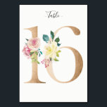Carte Golden 16 Floral Table Numéro<br><div class="desc">Numéro d'or avec carte de numéro de table de la table d'ornements fleuris pastel. Personnalisez le style,  la taille et la couleur de la police de texte.</div>