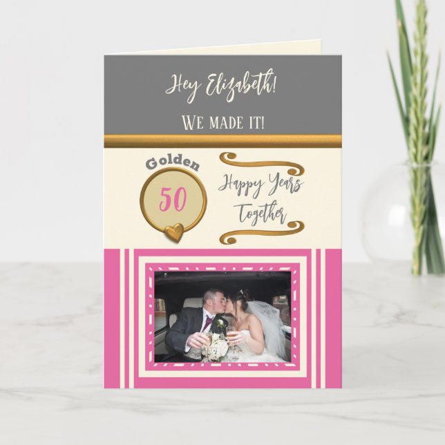 Carte Golden 50e anniversaire heureux années rose gris (Devant)