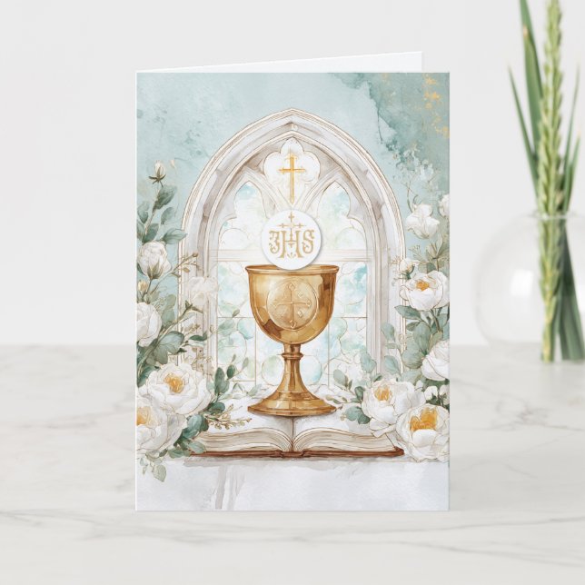 Carte Golden Chalice & White Roses Priest Birthday  (Devant)