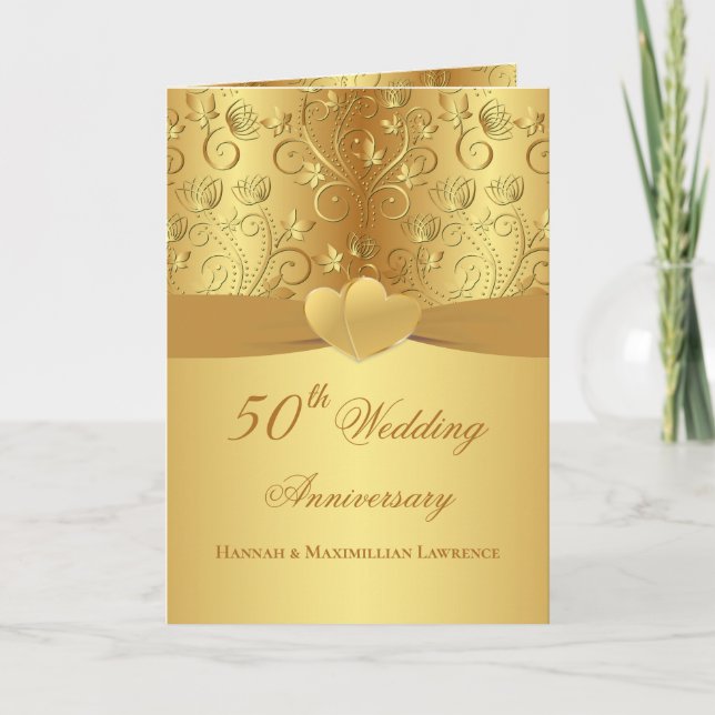 Carte Golden Floral Hearts 50e anniversaire de Mariage (Devant)