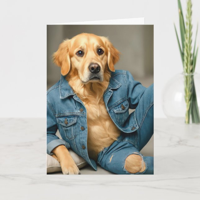 Carte Golden Retriever Anniversaire En Jeans Bleus (Devant)