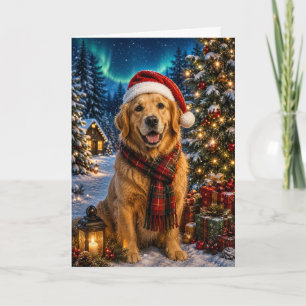 Carte Golden Retriever Aurores Boréales Noël Vacances