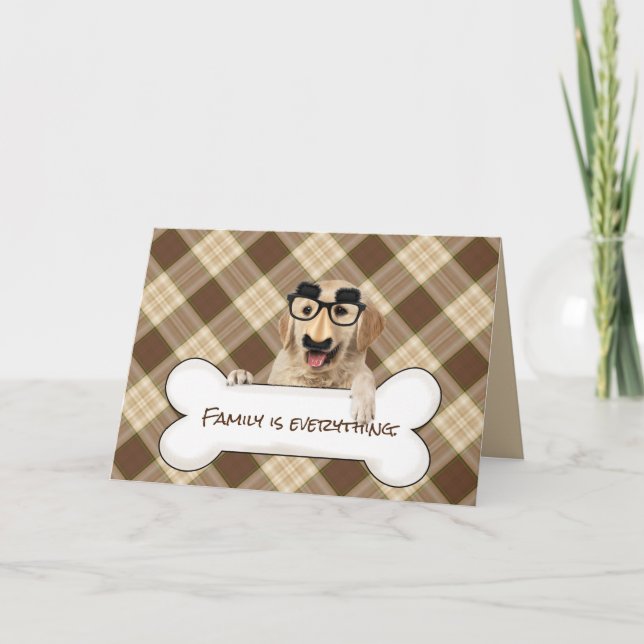 Carte golden retriever avec masque drôle sur os (Devant)