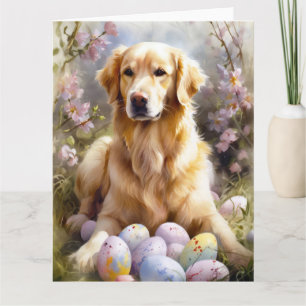 Carte Golden Retriever avec oeufs de Pâques