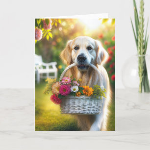Carte Golden Retriever avec panier à fleurs d'anniversai