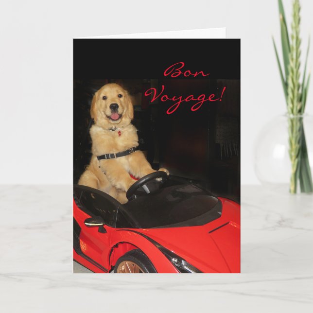 Carte Golden Retriever Bon Voyage en voiture (Devant)