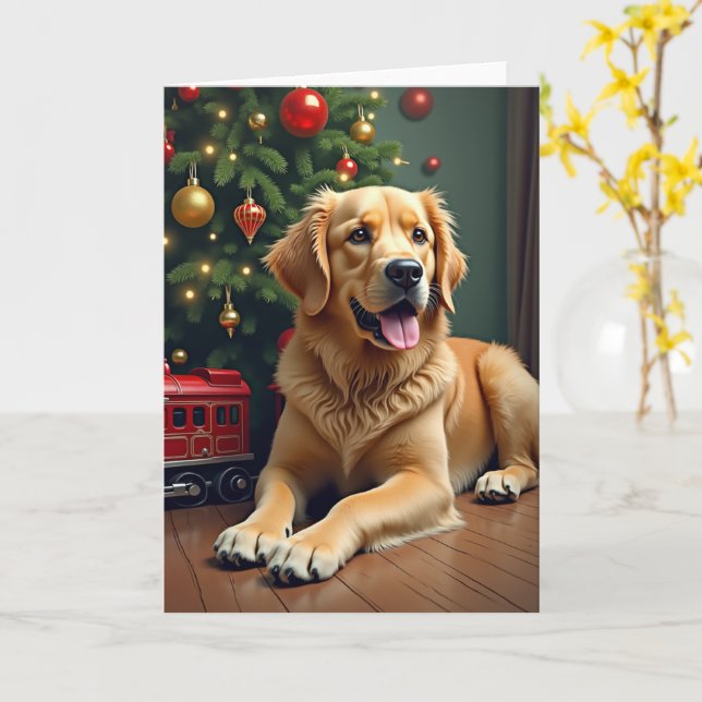 Carte Golden Retriever by the Toy Train Christmas (Fleur jaune)