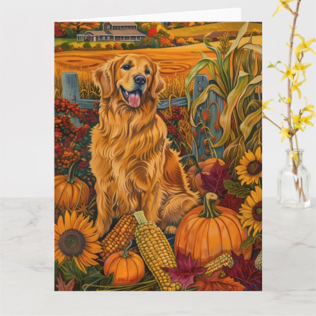Carte Golden Retriever Chien Automne Harvest Thankgiving (Fleur jaune)