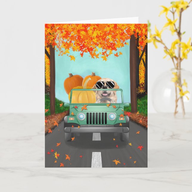 Carte Golden Retriever Chien Citrouille automne (Fleur jaune)