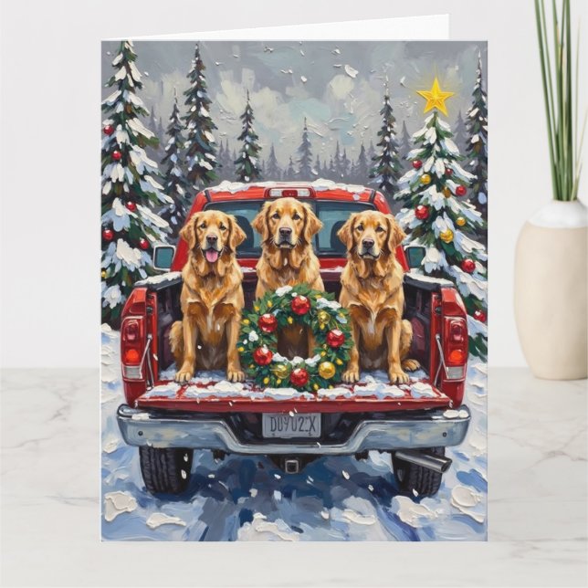 Carte Golden Retriever Christmas Red Truck Holiday (Devant)