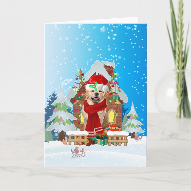Carte Golden Retriever dans la neige avec cadeaux de Noë (Devant)