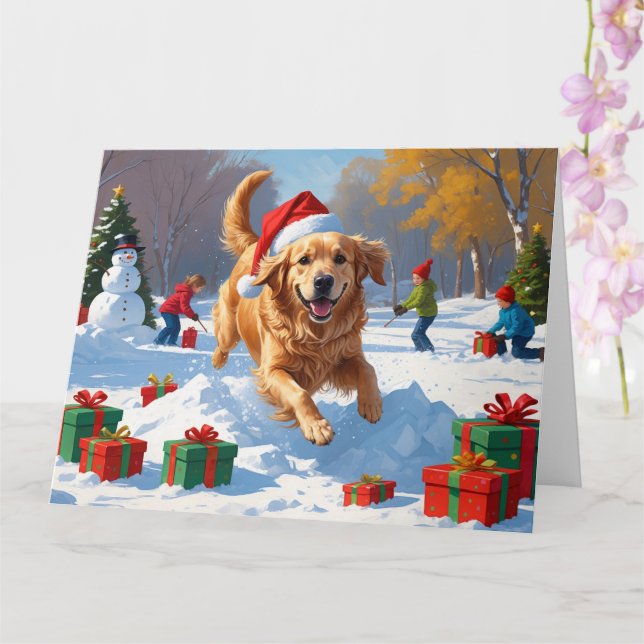 Carte Golden Retriever dans la neige avec un chapeau de  (Orchidée)