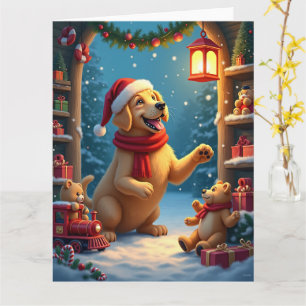 Carte Golden Retriever dans l'atelier du Père Noël Noël