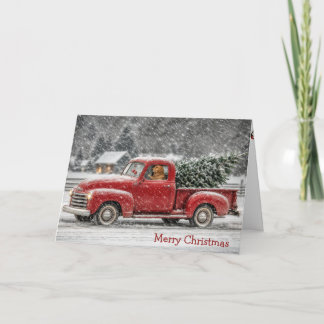 Carte Golden Retriever de Noël dans un camion rétro