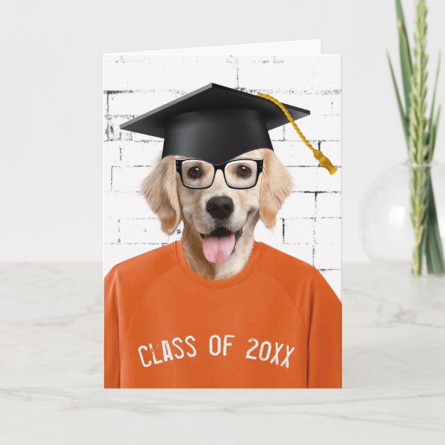 Carte Golden Retriever diplômé avec toque noire (Devant)
