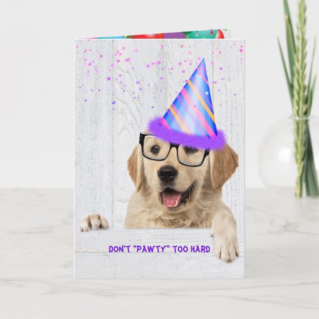 Carte Golden Retriever Dog avec casquette de fête (Devant)