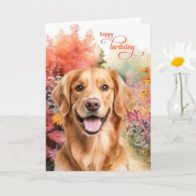 Carte Golden Retriever Dog Birthday Wishes Flower Garden (Petite plante)