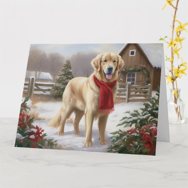 Carte Golden Retriever Dog in Snow Christmas (Fleur jaune)