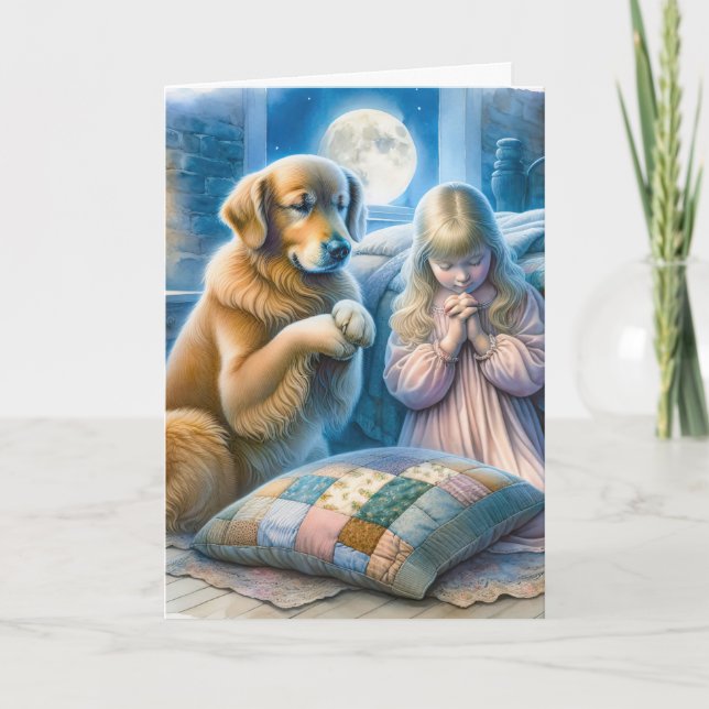 Carte Golden Retriever et petite fille prier (Devant)