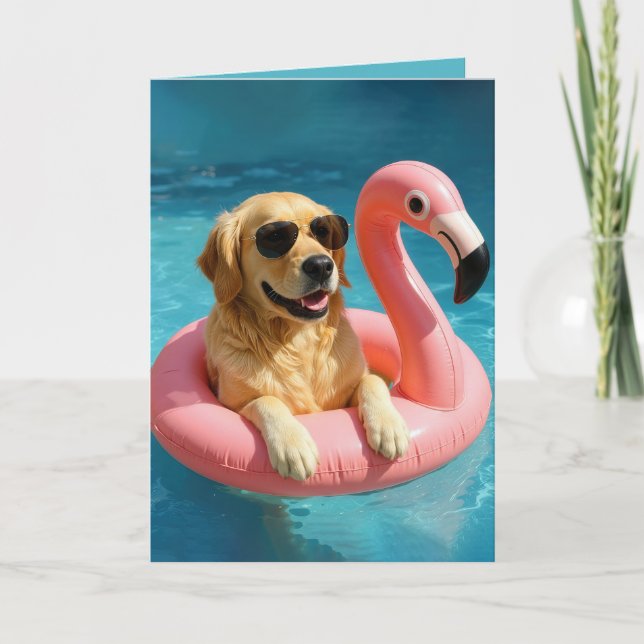 Carte Golden Retriever Flottant avec un Flamant rose ann (Devant)