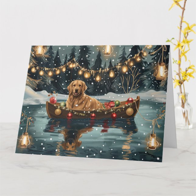 Carte Golden Retriever Noël Festive Voyage (Fleur jaune)
