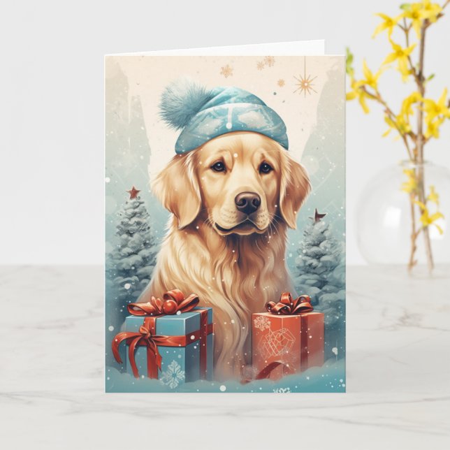 Carte Golden Retriever Noël - Santa Hat et Sn (Fleur jaune)