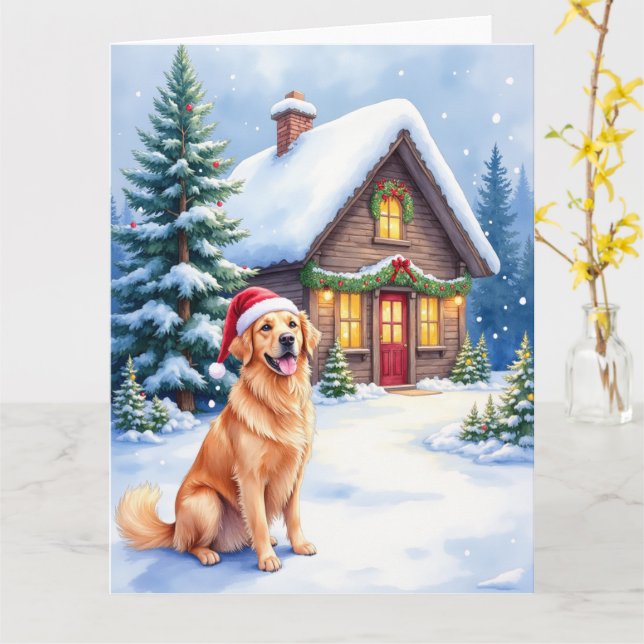 Carte Golden Retriever Rustic Cabin Santa Hat Christmas (Fleur jaune)