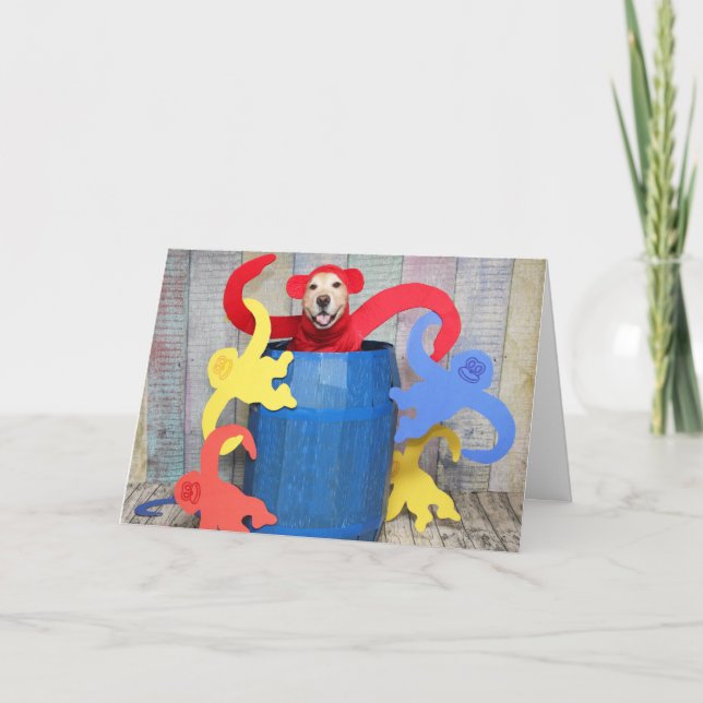 Carte Golden Retriever Singe Barrel Anniversaire (Devant)