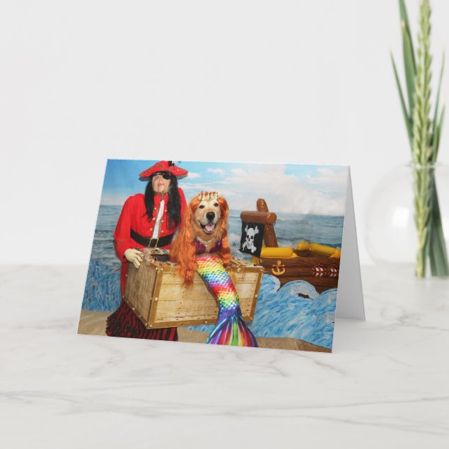 Carte Golden Retriever Sirène et Pirate Anniversaire (Devant)
